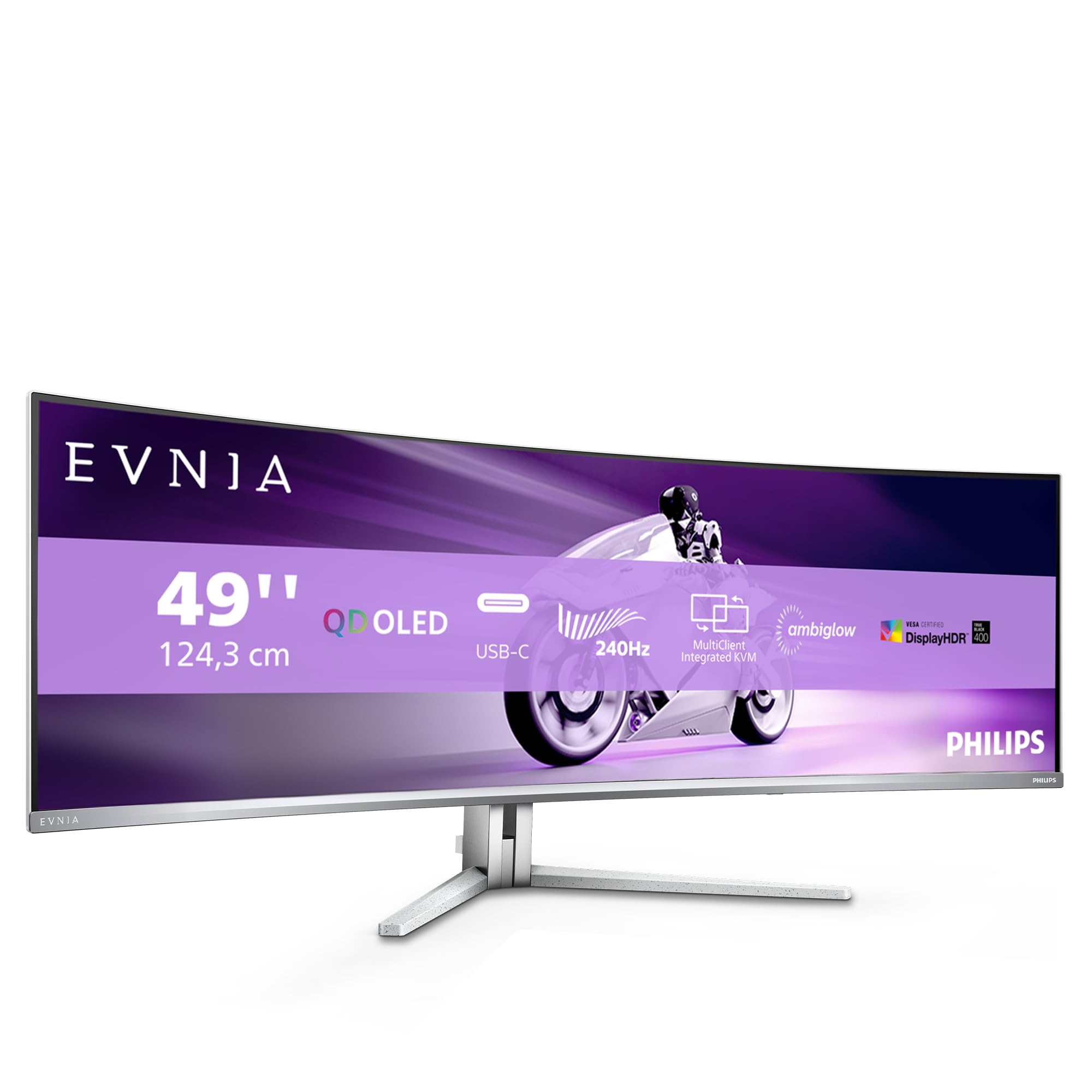 PHILIPS Evnia 49M2C8900AM - 49 inch QD OLED curved gaming monitor, 240 Hertz, 0.03ms GtG, HDR400, Ambiglow (5120x1440, HDMI 2.1, DisplayPort 1.4, USB-C, USB Hub) white