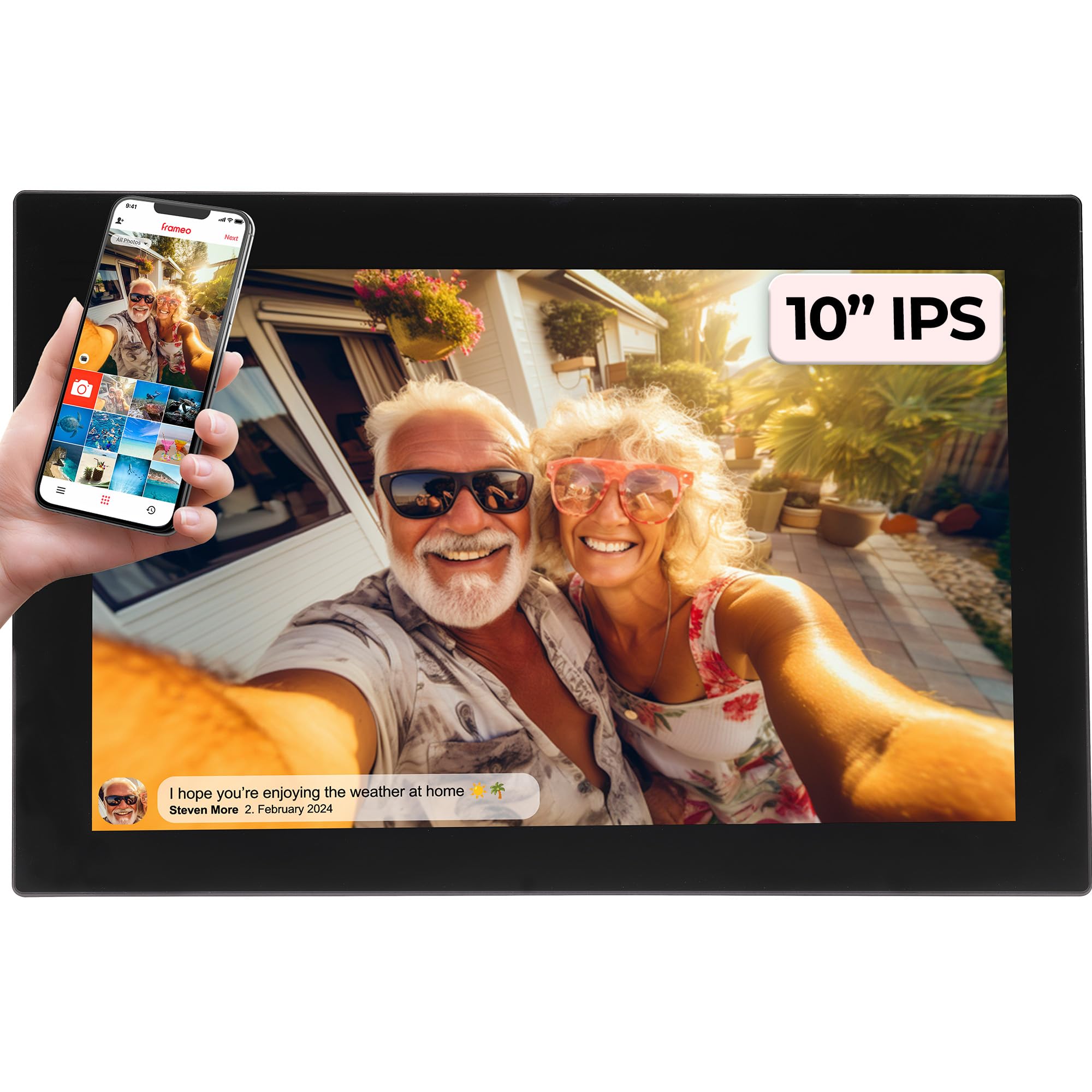 Denver PFF1037 Digital Photo Frame with Glass Display and WiFi, 10.1 Inches, Electronic Picture Frame, 16 GB with Frameo App, IPS Touchscreen, Auto Rotate, Micro SD Slot, Black