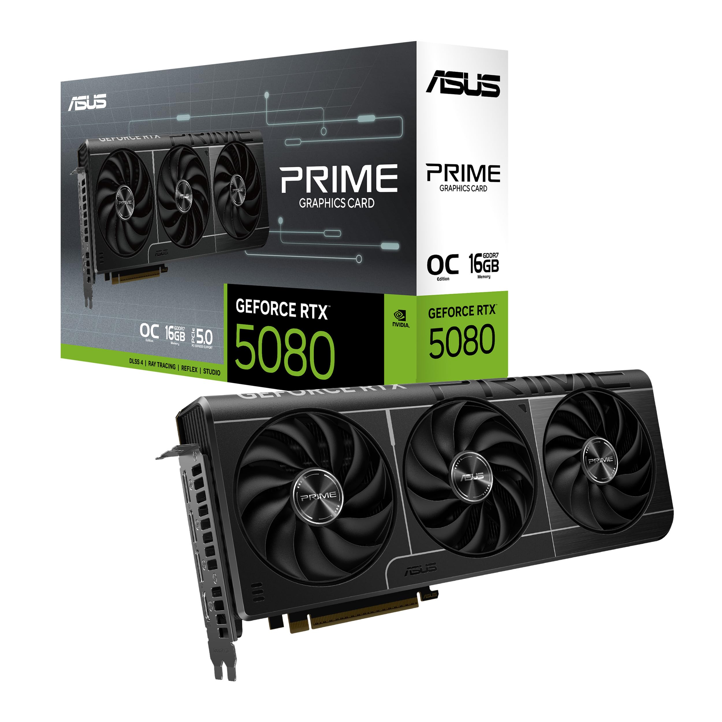 ASUS Prime GeForce RTX 5080 16GB GDDR7 OC Graphics Card (PCIe 5.0, HDMI, 3x DisplayPort, SFF 2.5 Slot, Patented Cooling Tech for Lower Temps & Noise, Performance/Quiet Toggle, NVIDIA DLSS4)